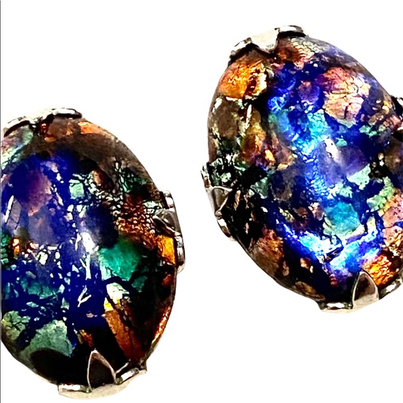 ANTIQUE Opalescent Foiled Glass Earrings Art Deco - Picture 2 of 4